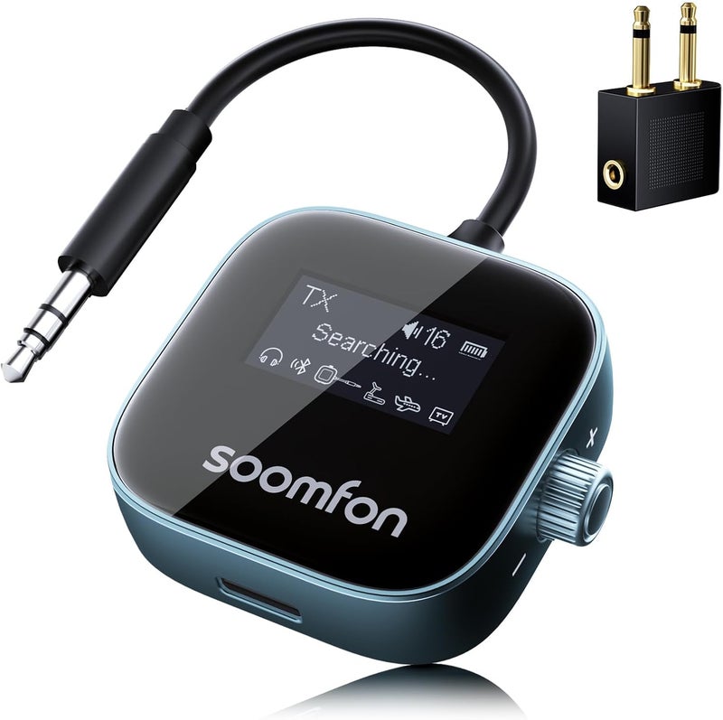 SOOMFON Airplane Bluetooth 5.3 Transmitter for 2 Airpods or Headphones 2-in-1 Airplane Bluetooth Adapter Receiver with LCD Display 3.5mm for Plane Flying Gym Car Home Stereo - Image 1
